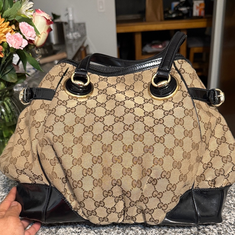 Gucci Full Moon Tote Tan and Black Monogram Shoulder Bag